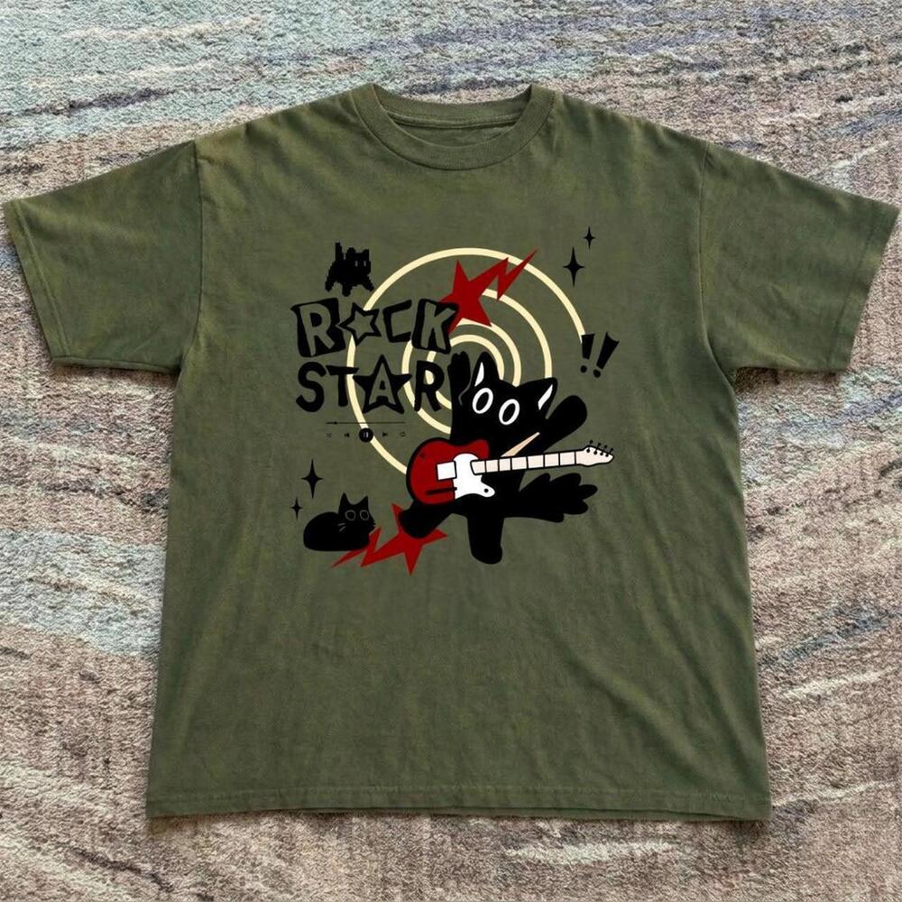 Green Rock Star Tee With Black Cat Design - Picture 1 of 4